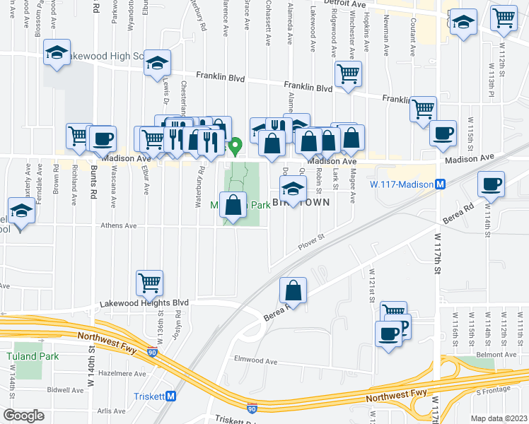 map of restaurants, bars, coffee shops, grocery stores, and more near 2068 Halstead Avenue in Lakewood