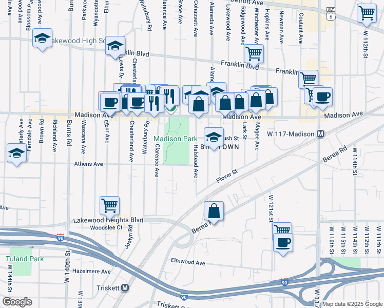 map of restaurants, bars, coffee shops, grocery stores, and more near 2068 Halstead Avenue in Lakewood
