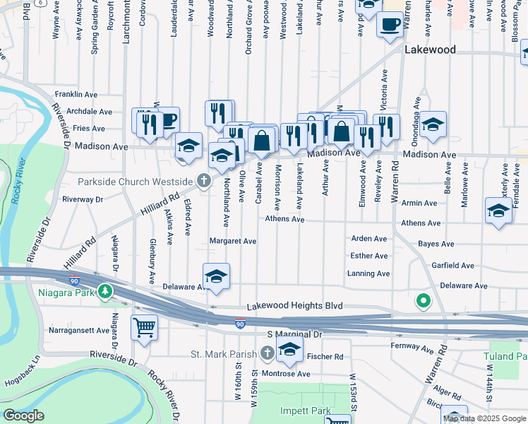 map of restaurants, bars, coffee shops, grocery stores, and more near 2079 Carabel Avenue in Lakewood