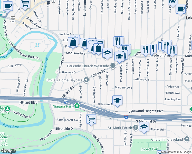 map of restaurants, bars, coffee shops, grocery stores, and more near 16905 Hilliard Road in Lakewood