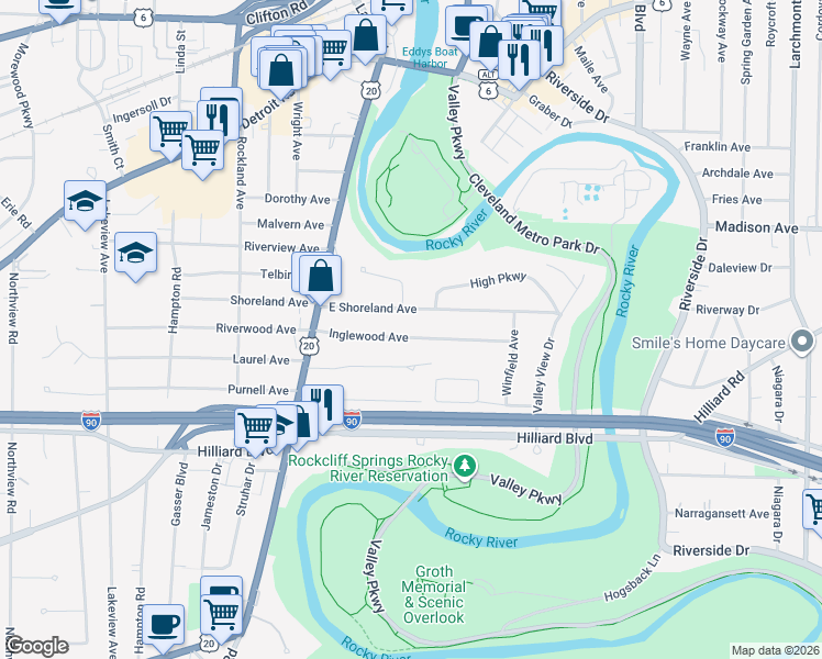 map of restaurants, bars, coffee shops, grocery stores, and more near 18915 East Shoreland Avenue in Rocky River