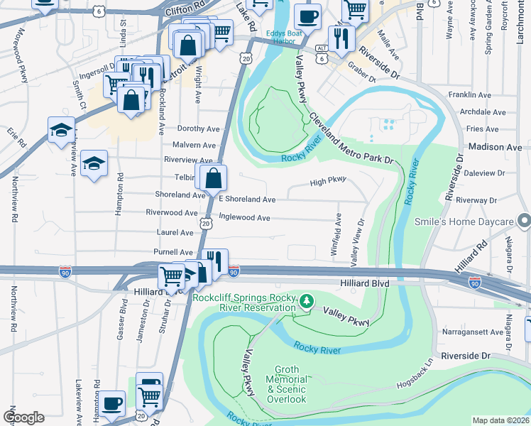 map of restaurants, bars, coffee shops, grocery stores, and more near 18975 East Shoreland Avenue in Rocky River