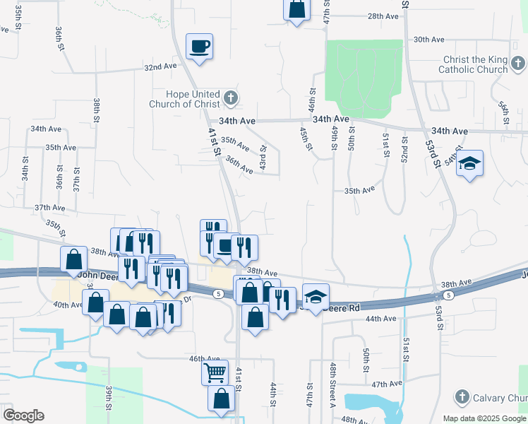 map of restaurants, bars, coffee shops, grocery stores, and more near 3630 Pine Ridge Court in Moline