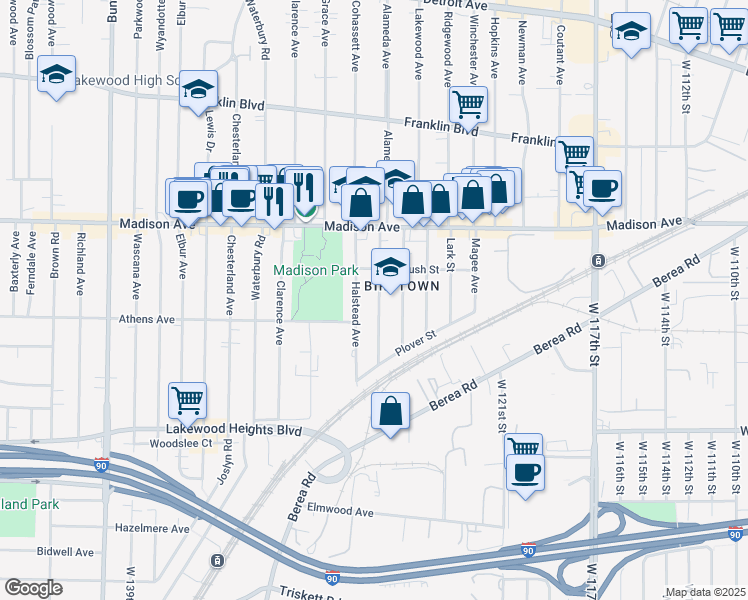 map of restaurants, bars, coffee shops, grocery stores, and more near 2069 Halstead Avenue in Lakewood