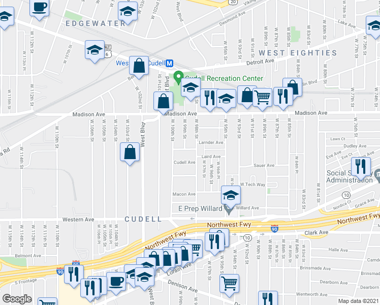 map of restaurants, bars, coffee shops, grocery stores, and more near 9813 Marietta Avenue in Cleveland