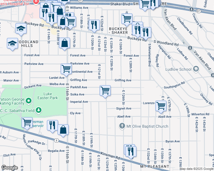 map of restaurants, bars, coffee shops, grocery stores, and more near 3065 East 123rd Street in Cleveland
