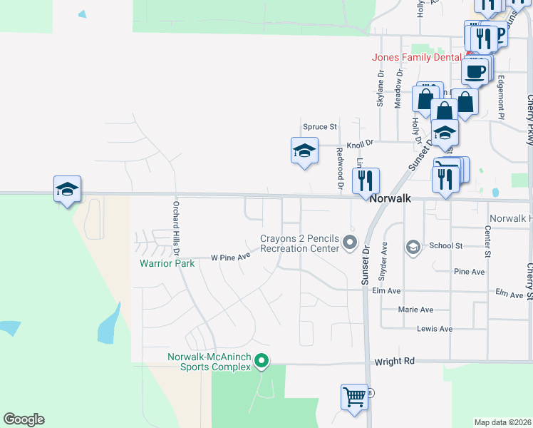 map of restaurants, bars, coffee shops, grocery stores, and more near 714 Dogwood Lane in Norwalk