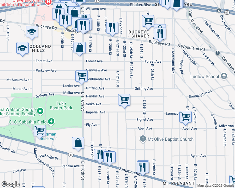 map of restaurants, bars, coffee shops, grocery stores, and more near 12022 Griffing Avenue in Cleveland