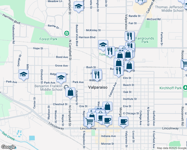 map of restaurants, bars, coffee shops, grocery stores, and more near 51-73 Pine Street in Valparaiso
