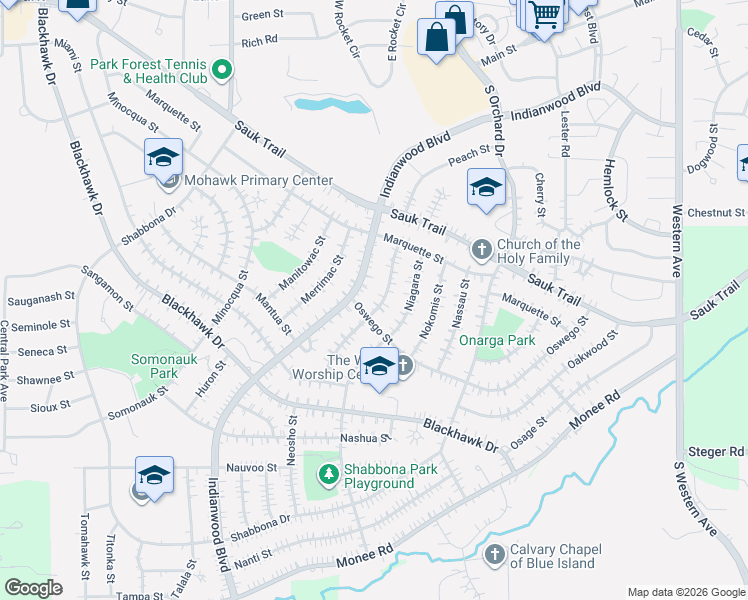 map of restaurants, bars, coffee shops, grocery stores, and more near 326 Neola Street in Park Forest