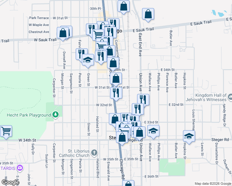map of restaurants, bars, coffee shops, grocery stores, and more near 16 East 31st Street in Steger
