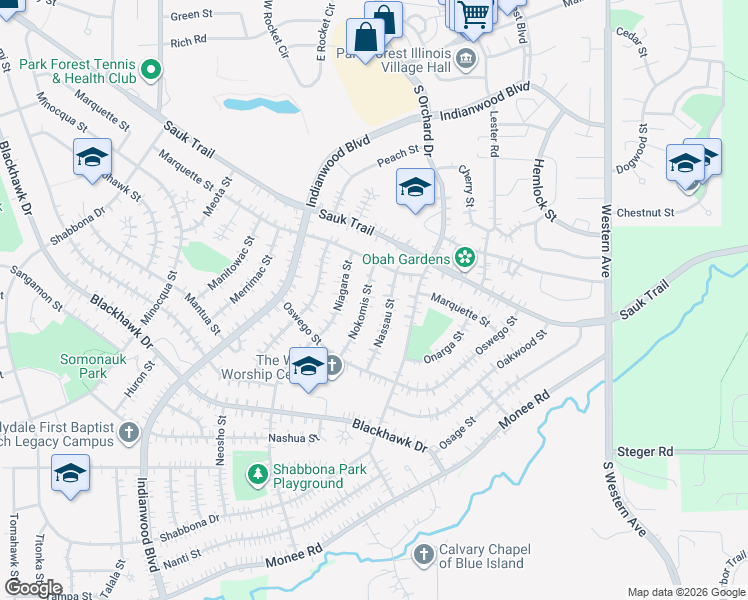 map of restaurants, bars, coffee shops, grocery stores, and more near 317 Nokomis Street in Park Forest