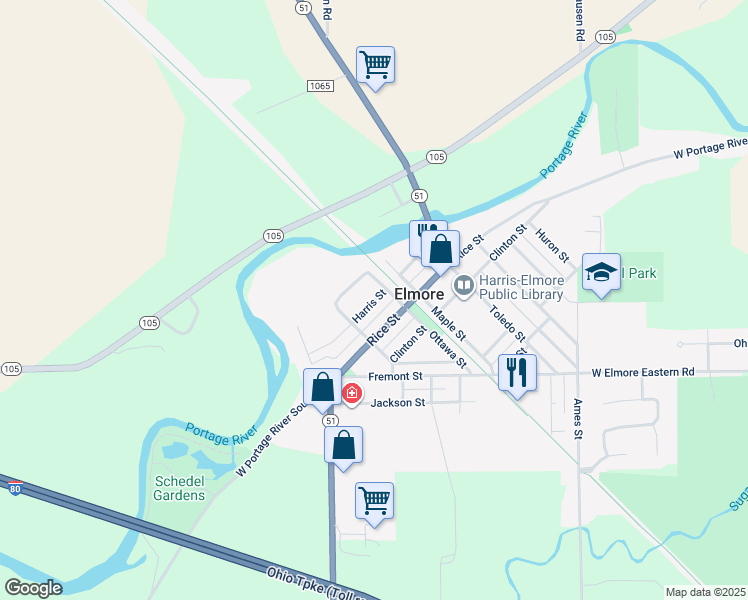 map of restaurants, bars, coffee shops, grocery stores, and more near 309 Harris Street in Elmore