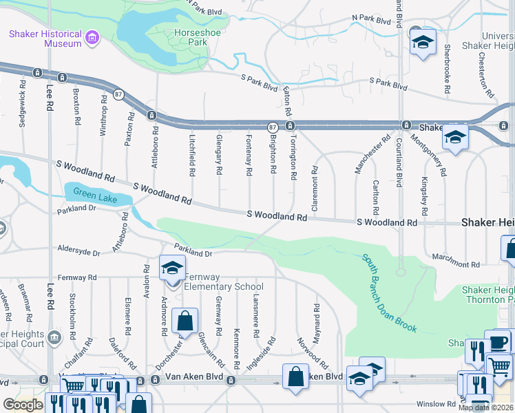 map of restaurants, bars, coffee shops, grocery stores, and more near 3007 Fontenay Road in Shaker Heights