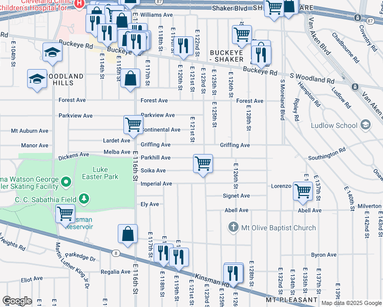 map of restaurants, bars, coffee shops, grocery stores, and more near 12022 Griffing Avenue in Cleveland