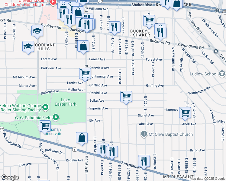 map of restaurants, bars, coffee shops, grocery stores, and more near 12022 Griffing Avenue in Cleveland