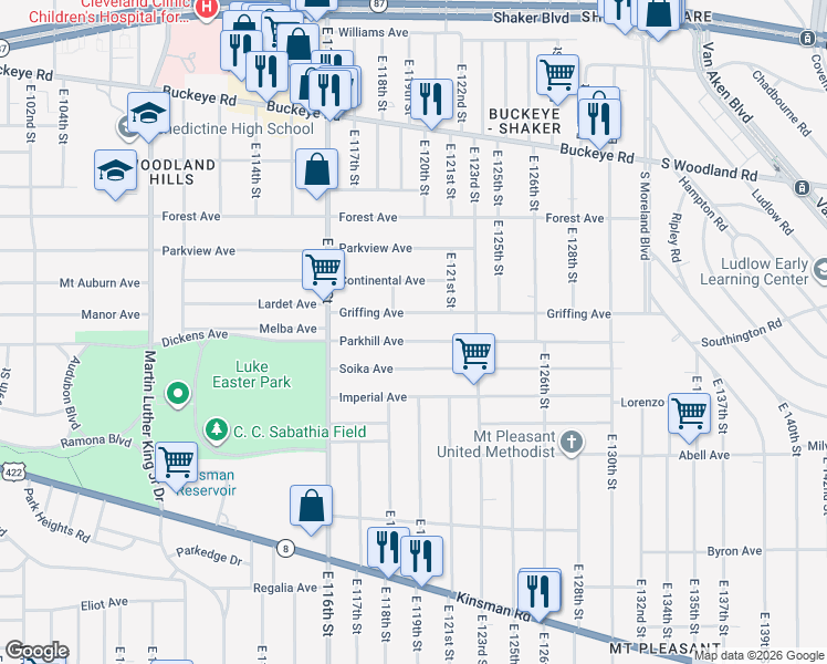map of restaurants, bars, coffee shops, grocery stores, and more near 11906 Griffing Avenue in Cleveland
