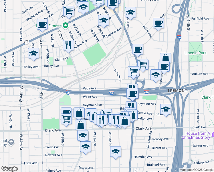 map of restaurants, bars, coffee shops, grocery stores, and more near 3110 Barber Avenue in Cleveland