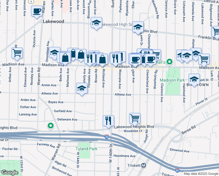 map of restaurants, bars, coffee shops, grocery stores, and more near 2075 Richland Avenue in Lakewood