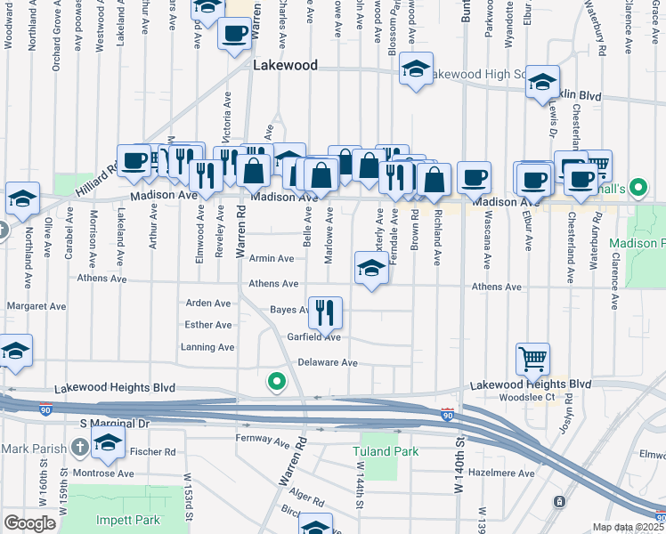 map of restaurants, bars, coffee shops, grocery stores, and more near 2076 Marlowe Avenue in Lakewood