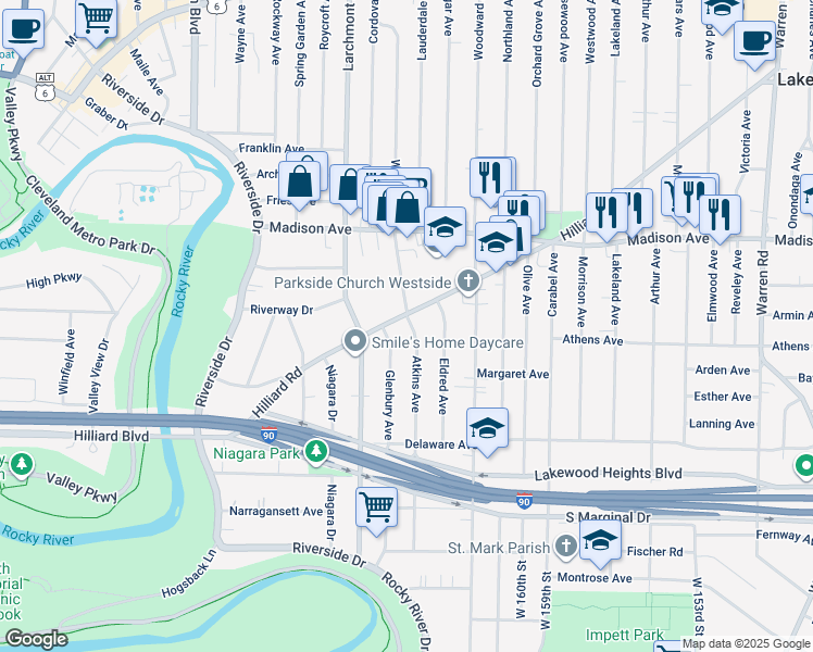 map of restaurants, bars, coffee shops, grocery stores, and more near 16905 Hilliard Road in Lakewood