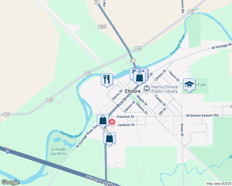 map of restaurants, bars, coffee shops, grocery stores, and more near 309 Harris Street in Elmore