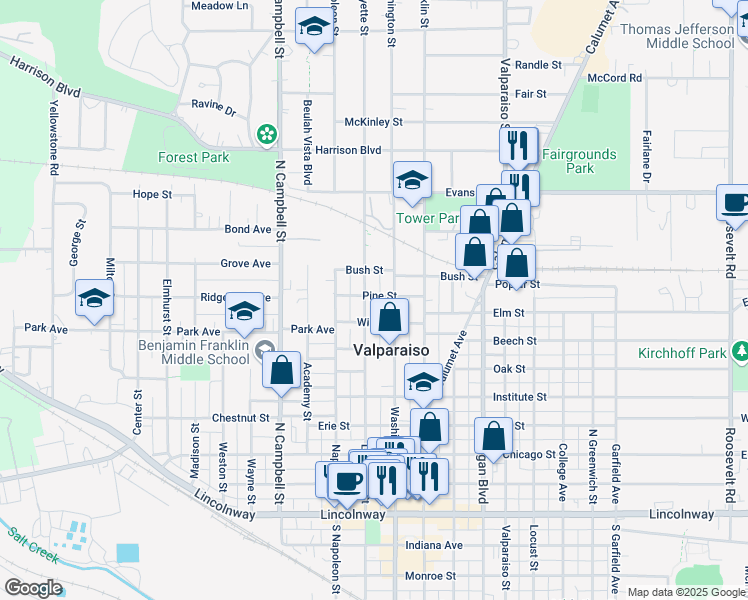 map of restaurants, bars, coffee shops, grocery stores, and more near 51-73 Pine Street in Valparaiso