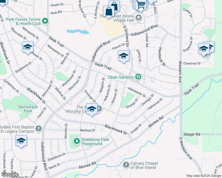 map of restaurants, bars, coffee shops, grocery stores, and more near 317 Nokomis Street in Park Forest