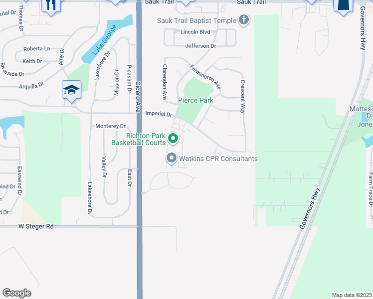 map of restaurants, bars, coffee shops, grocery stores, and more near 4546 Heartland Drive in Richton Park
