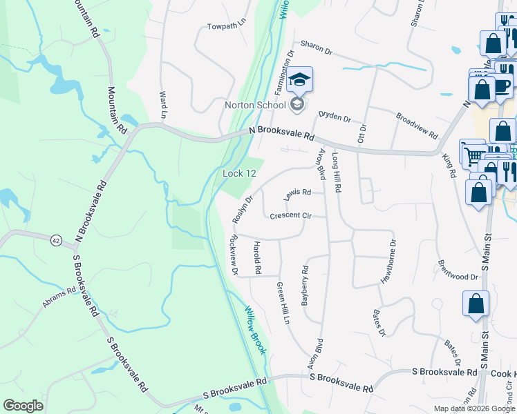 map of restaurants, bars, coffee shops, grocery stores, and more near 12 Roslyn Drive in Cheshire