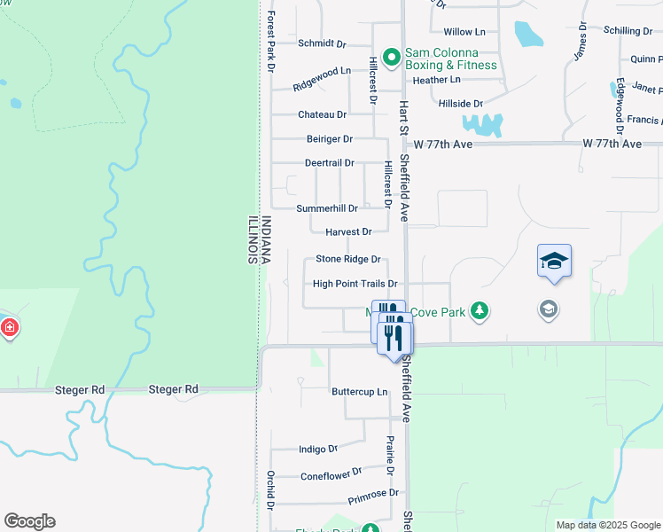 map of restaurants, bars, coffee shops, grocery stores, and more near 150 Stone Ridge Drive in Dyer