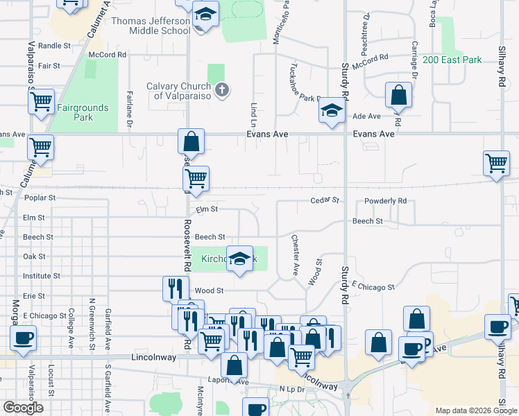 map of restaurants, bars, coffee shops, grocery stores, and more near 1599 Elm Court in Valparaiso
