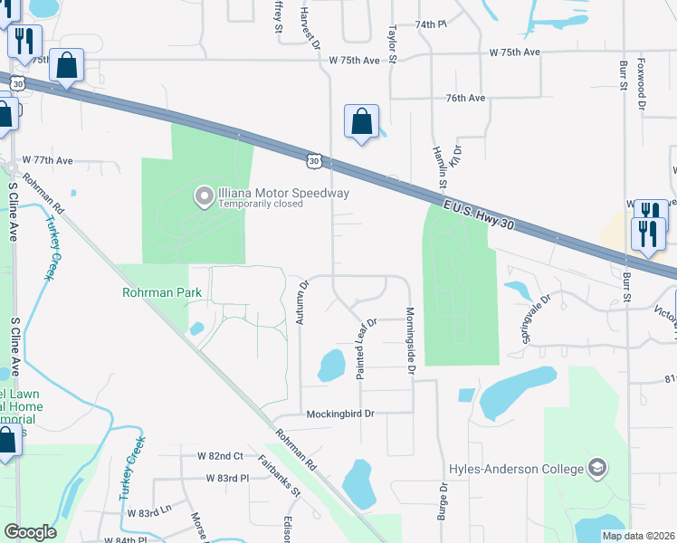 map of restaurants, bars, coffee shops, grocery stores, and more near 2602 Harvest Drive in Crown Point