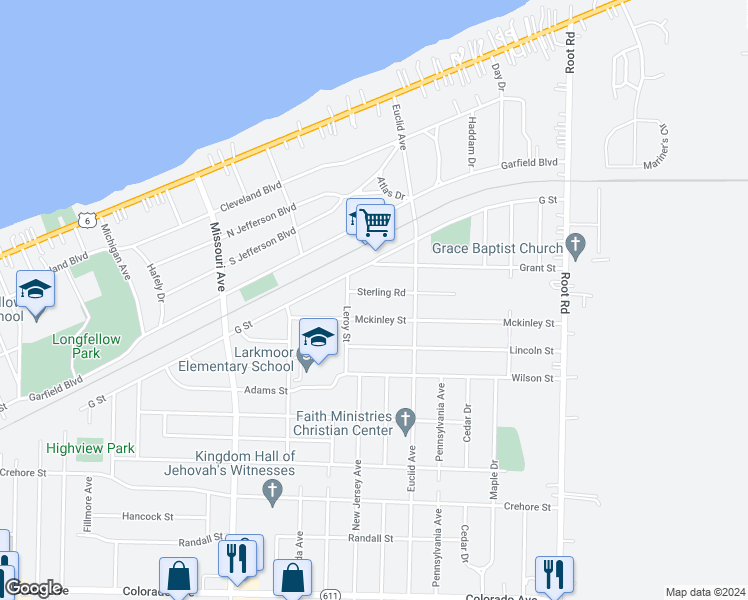 map of restaurants, bars, coffee shops, grocery stores, and more near 2854 Sterling Road in Lorain