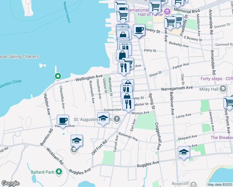 map of restaurants, bars, coffee shops, grocery stores, and more near 40 West Narragansett Avenue in Newport