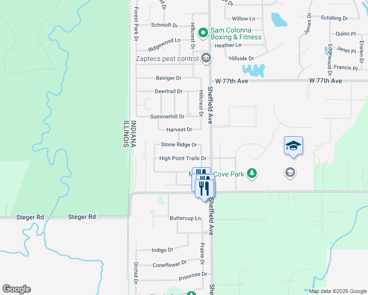 map of restaurants, bars, coffee shops, grocery stores, and more near 200 Stone Ridge Drive in Dyer