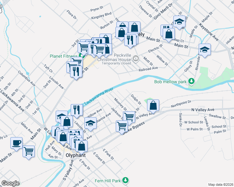map of restaurants, bars, coffee shops, grocery stores, and more near 112 Lynch Street in Olyphant