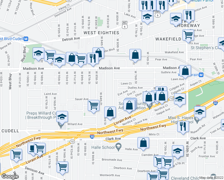 map of restaurants, bars, coffee shops, grocery stores, and more near 2076 West 81st Street in Cleveland