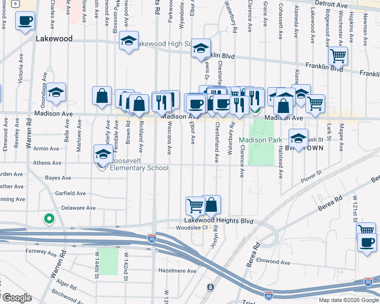 map of restaurants, bars, coffee shops, grocery stores, and more near 2070 Lewis Drive in Lakewood