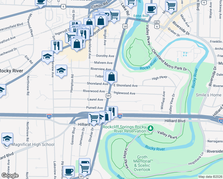 map of restaurants, bars, coffee shops, grocery stores, and more near in Rocky River