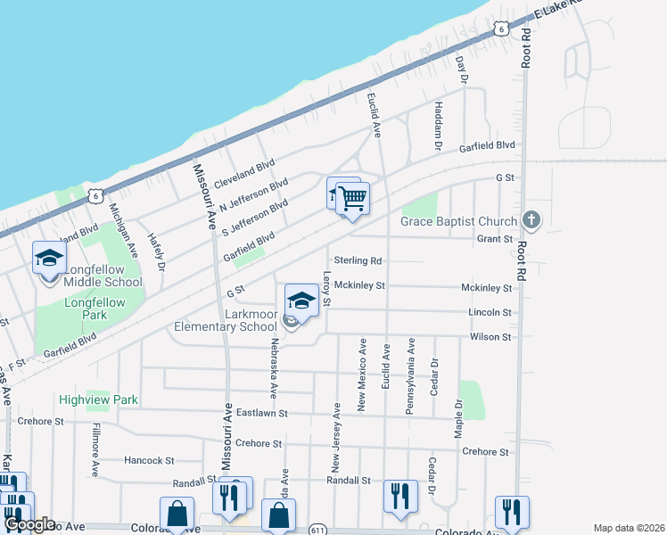 map of restaurants, bars, coffee shops, grocery stores, and more near 904 Leroy Street in Lorain