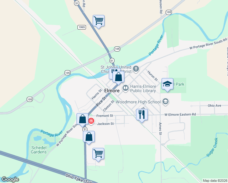 map of restaurants, bars, coffee shops, grocery stores, and more near 344 Rice Street in Elmore