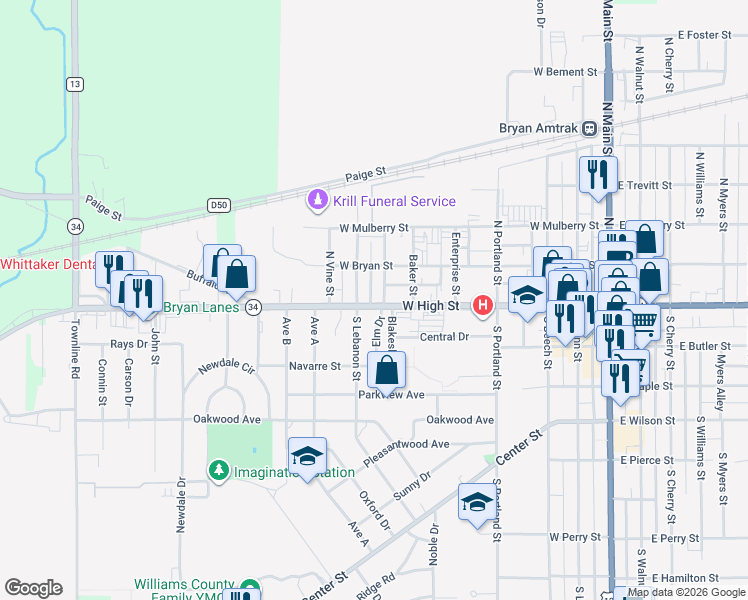 map of restaurants, bars, coffee shops, grocery stores, and more near 115 North Rolland Street in Bryan