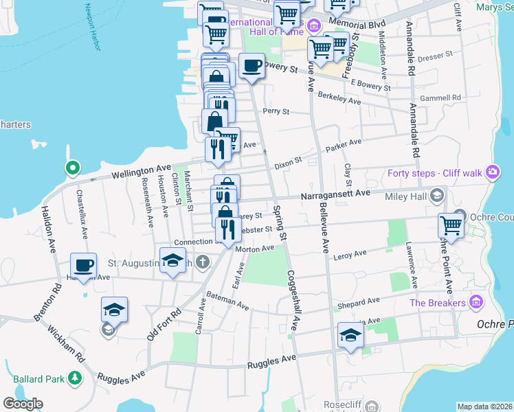 map of restaurants, bars, coffee shops, grocery stores, and more near 19 Narragansett Avenue in Newport