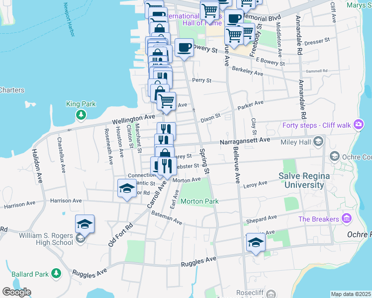 map of restaurants, bars, coffee shops, grocery stores, and more near 19 Narragansett Avenue in Newport