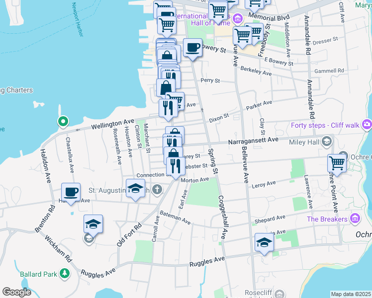 map of restaurants, bars, coffee shops, grocery stores, and more near 5 Narragansett Avenue in Newport