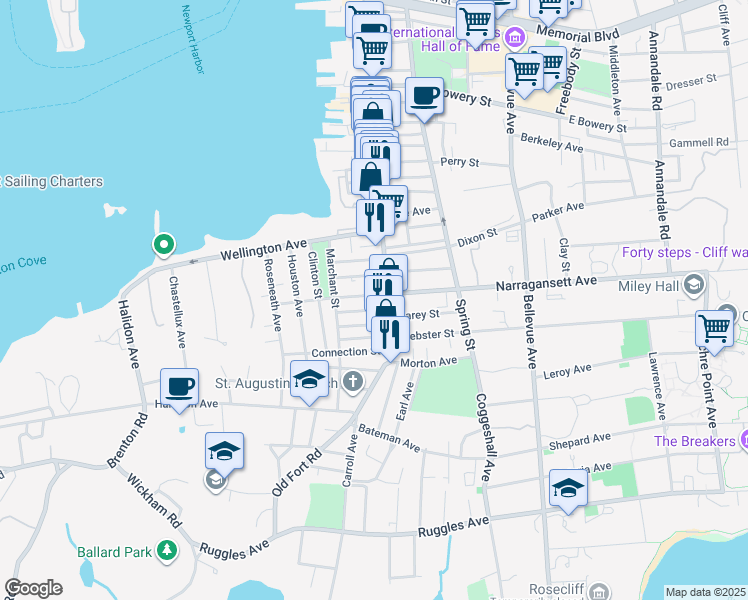 map of restaurants, bars, coffee shops, grocery stores, and more near 14 West Narragansett Avenue in Newport