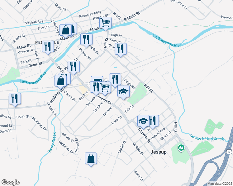 map of restaurants, bars, coffee shops, grocery stores, and more near 314 2nd Avenue in Jessup