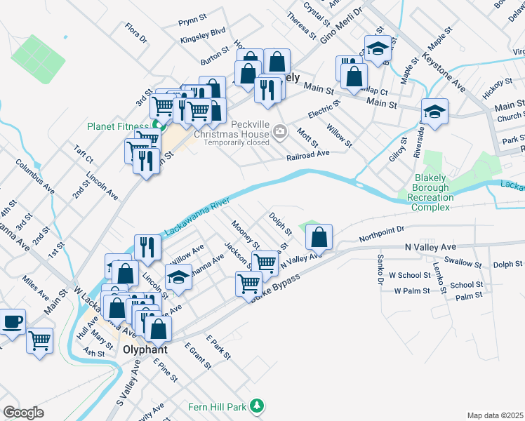 map of restaurants, bars, coffee shops, grocery stores, and more near 818 Susquehanna Ave in Olyphant