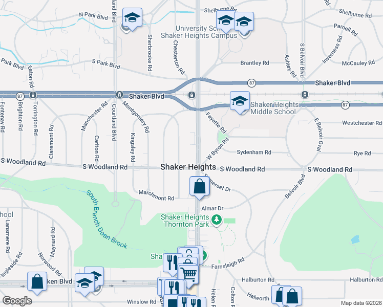 map of restaurants, bars, coffee shops, grocery stores, and more near 2996 Warrensville Center Road in Shaker Heights